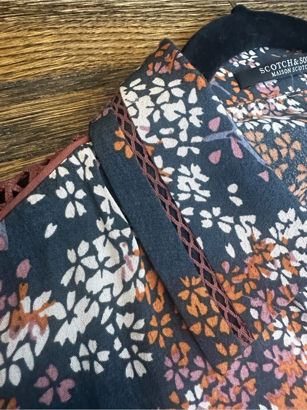 Scotch & Soda Black Floral Button-Front Long Sleeve Dress with Rust Accents